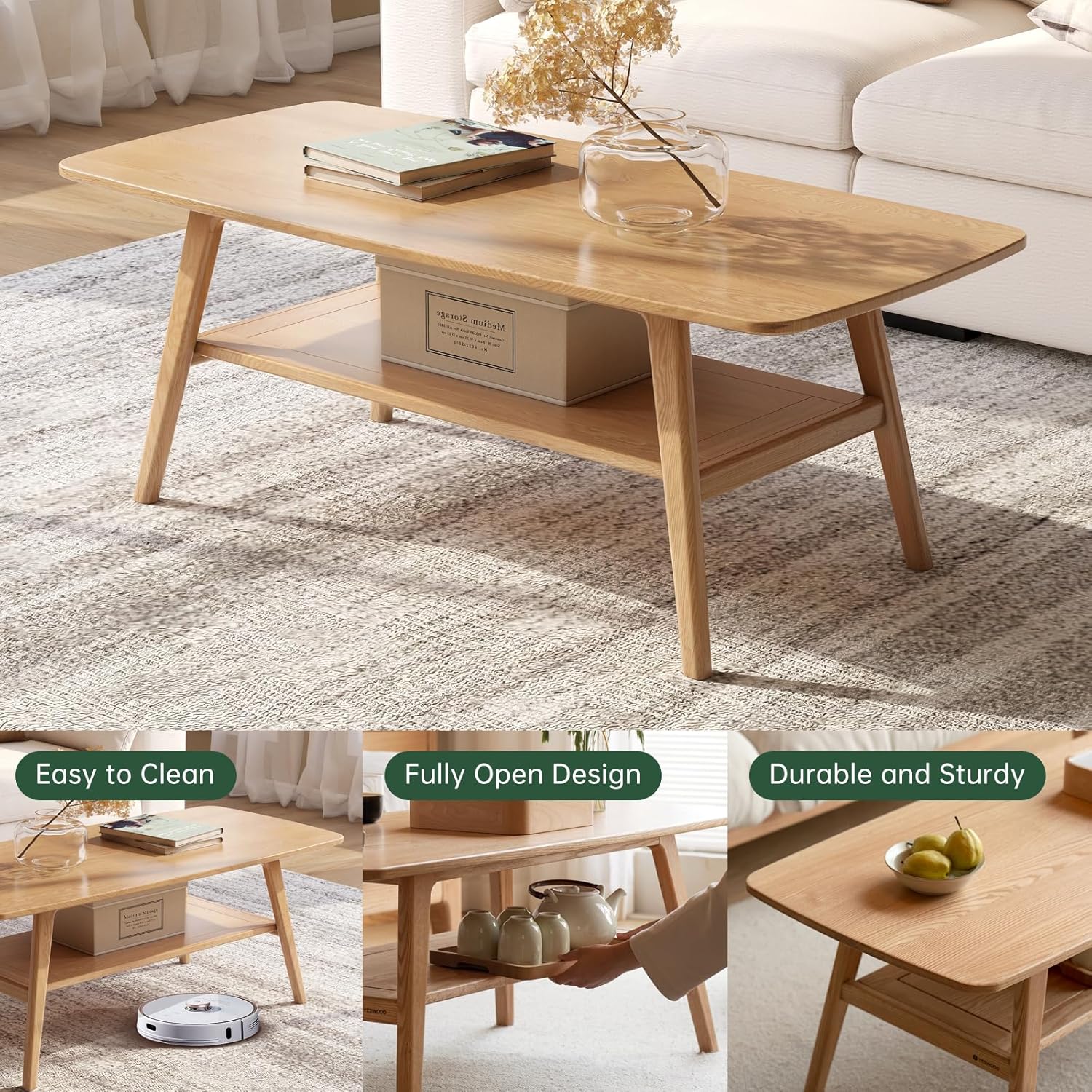 Wayshome Solid Oak Coffee Table 2-Tier Storage