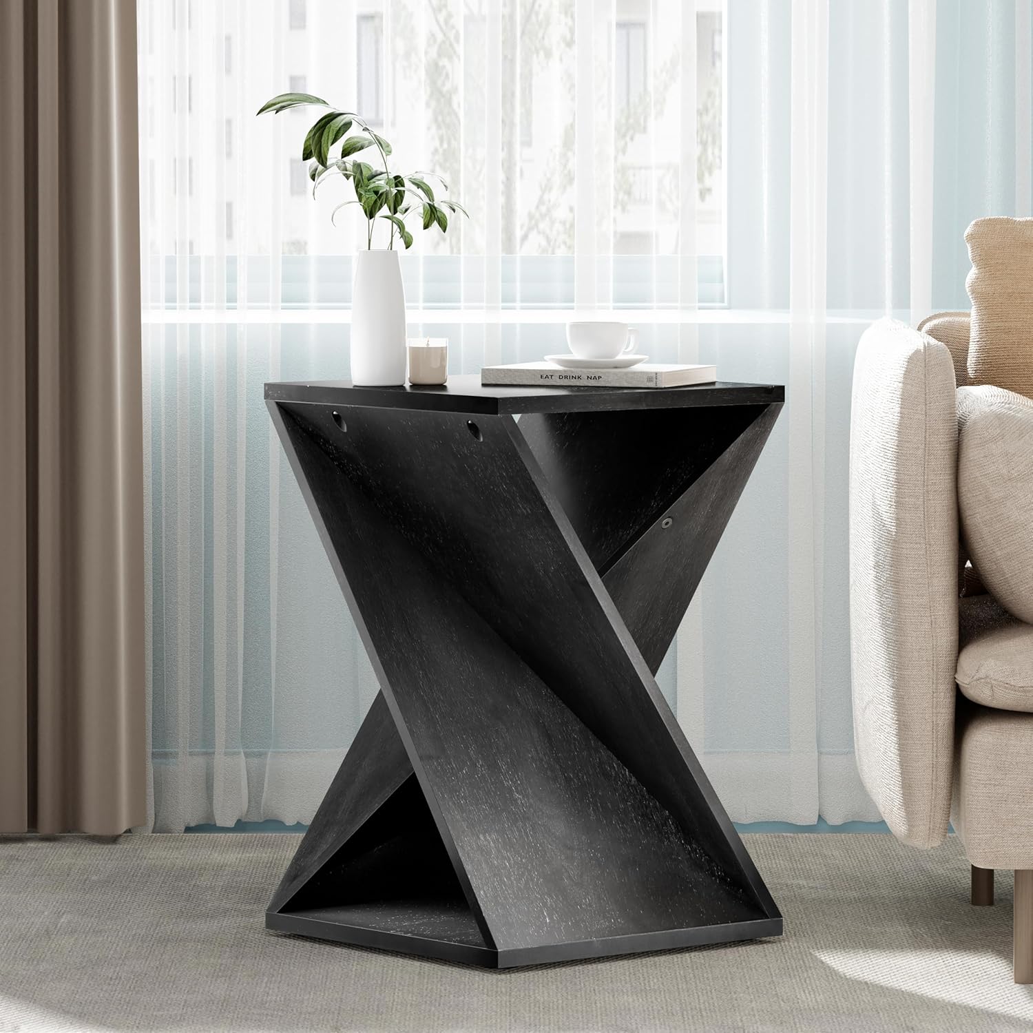 COZAYH Farmhouse End Table Square Solid Wood Pedestal Side Table Rustic Plant Stand with Twisted Design Black