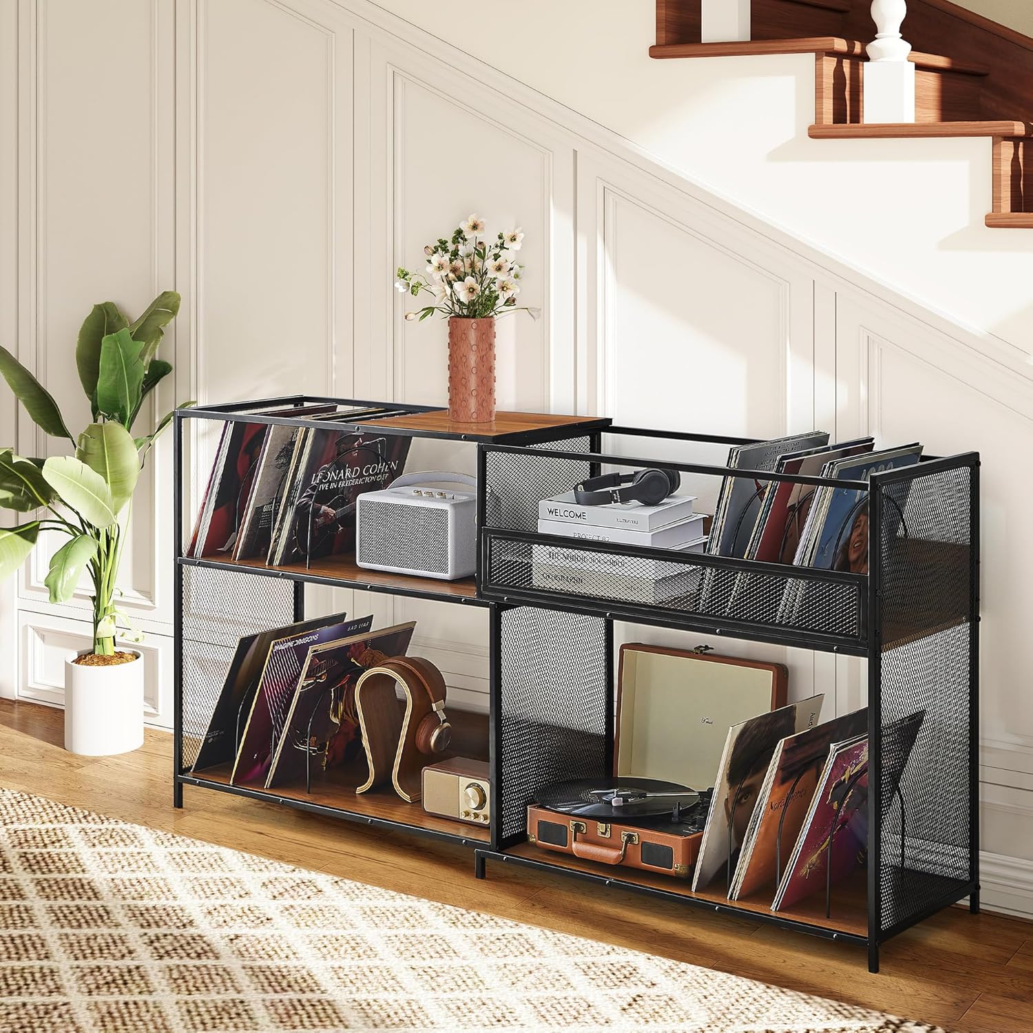 Large Record Player Stand with Vinyl Storage Cabinet