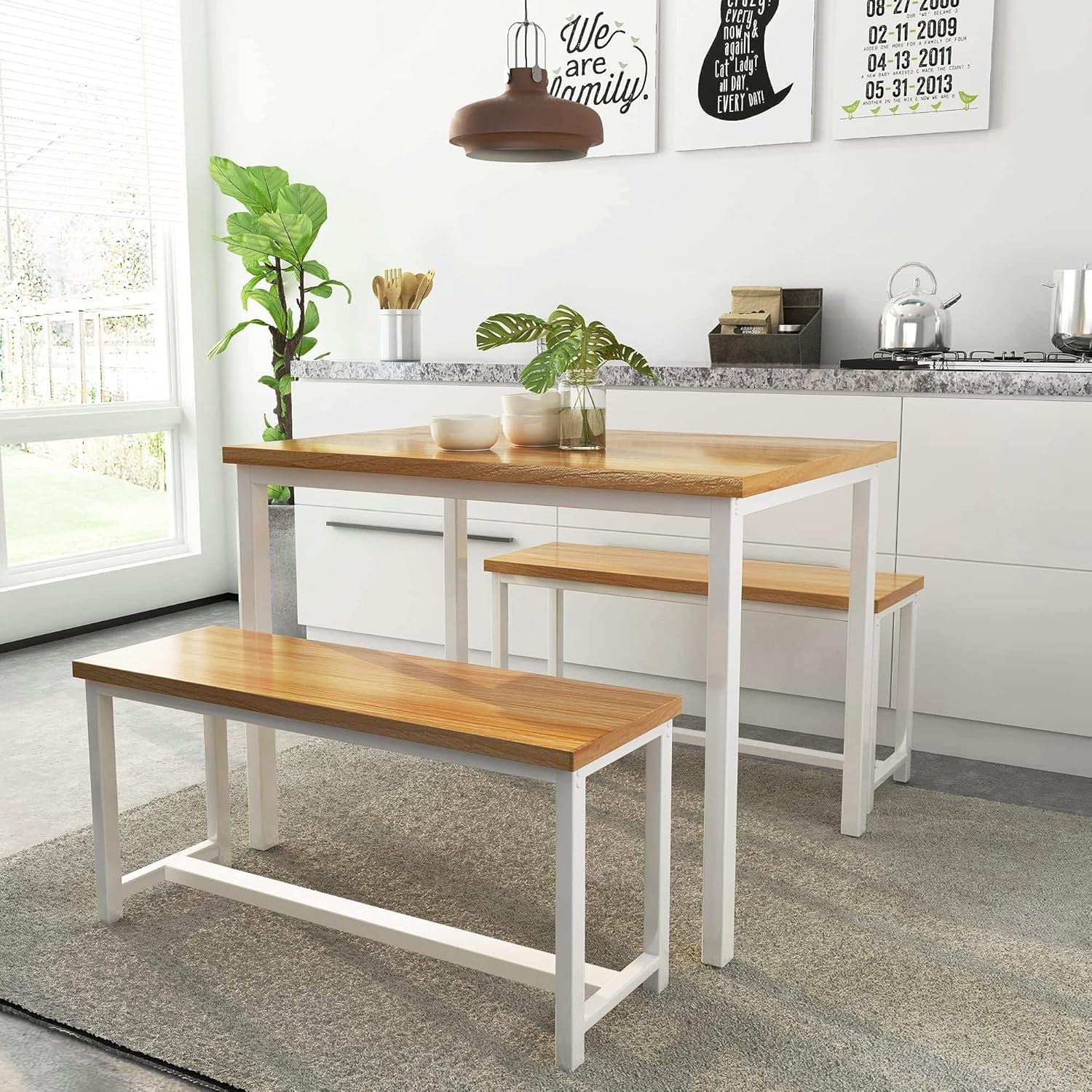 AWQM Dining Table Set with 2 Benches 472x287x287 Inches Beige