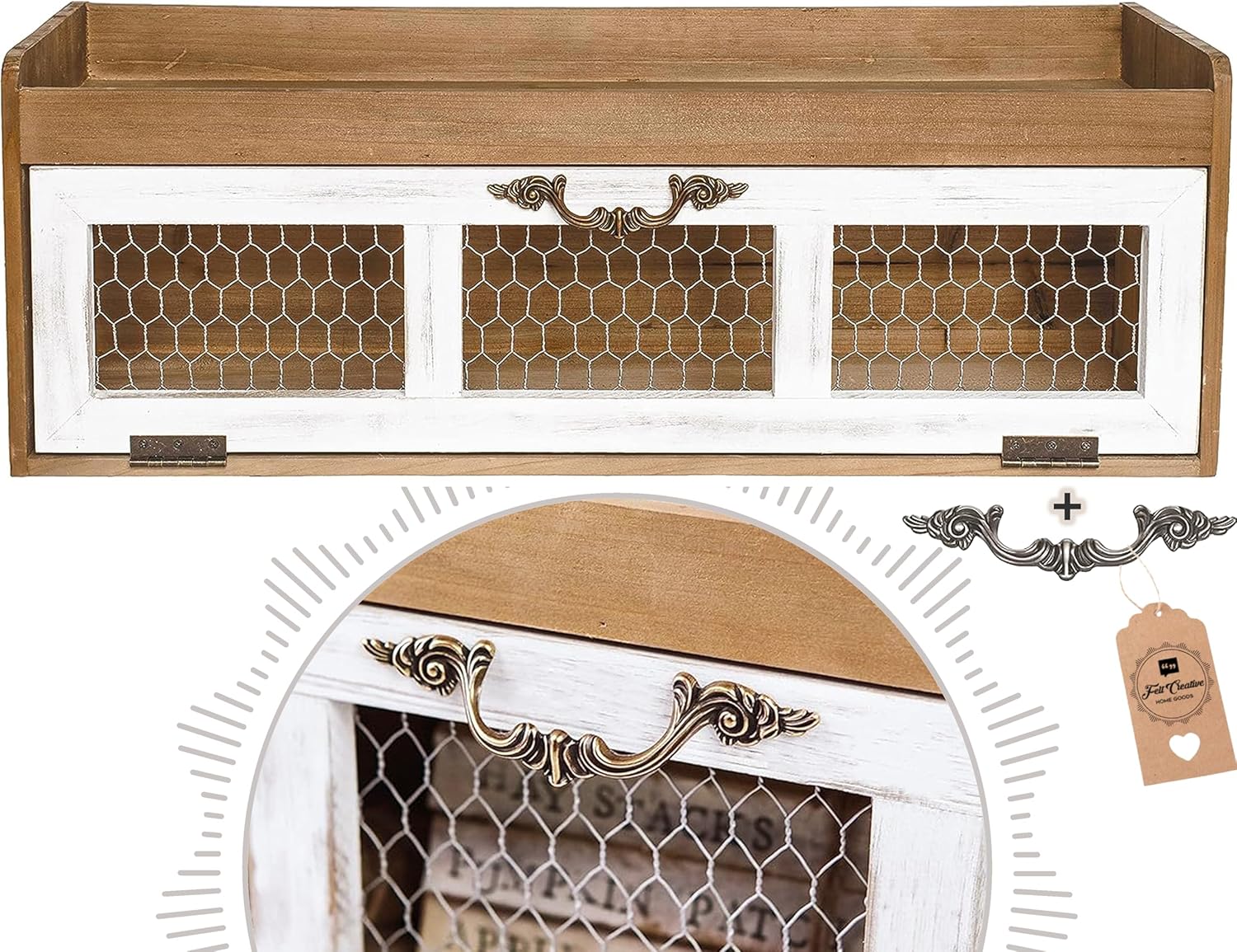 Farmhouse Chicken Wire Countertop Shelving Organizer - Rustic Kitchen Storage Cabinet - Decorative Pantry Display