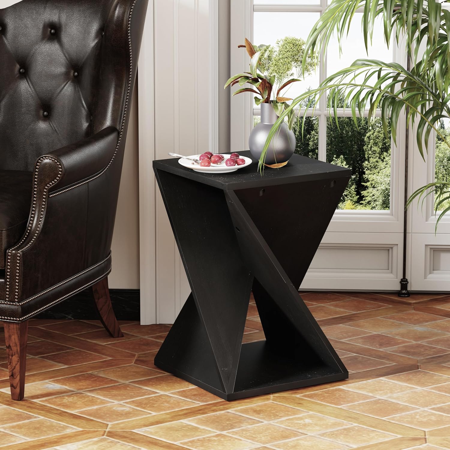 COZAYH Farmhouse End Table Square Solid Wood Pedestal Side Table Rustic Plant Stand with Twisted Design Black