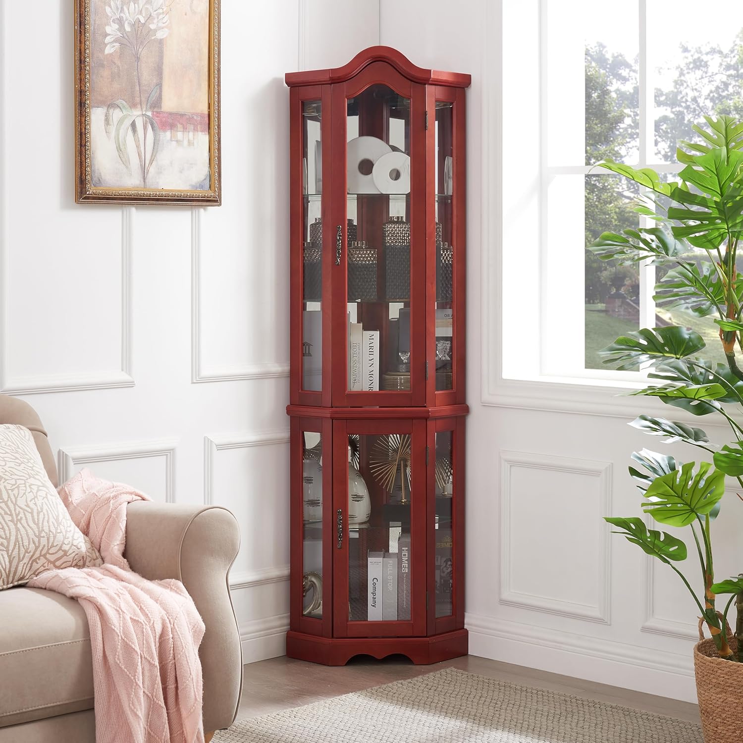 Maximize Space with Lighted Glass Curio Cabinet Corner Design Cherry Finish
