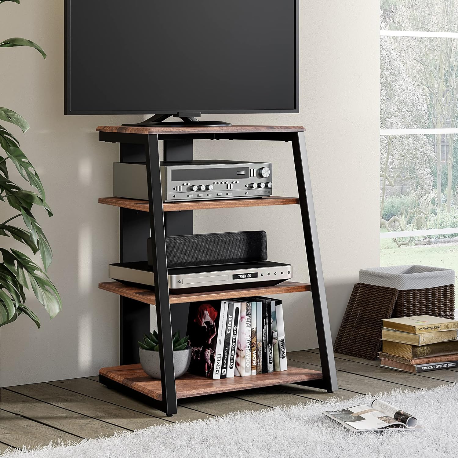 FITUEYES 4-Tier Media Stand Corner Shelf for PS4 and Record Player