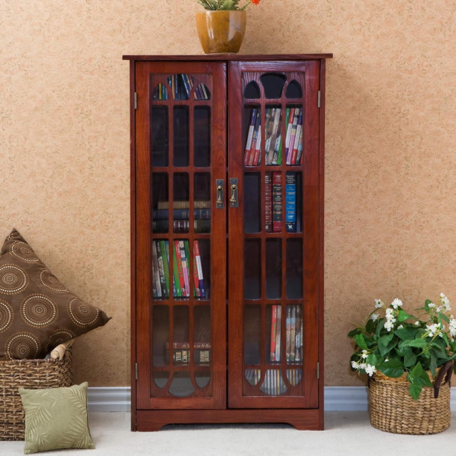 SEI Furniture Window Pane Storage Display Cabinet Cherry