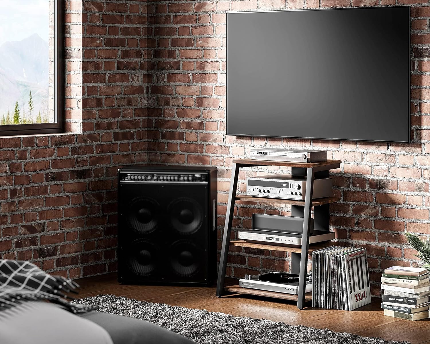 FITUEYES 4-Tier Media Stand Corner Shelf for PS4 and Record Player