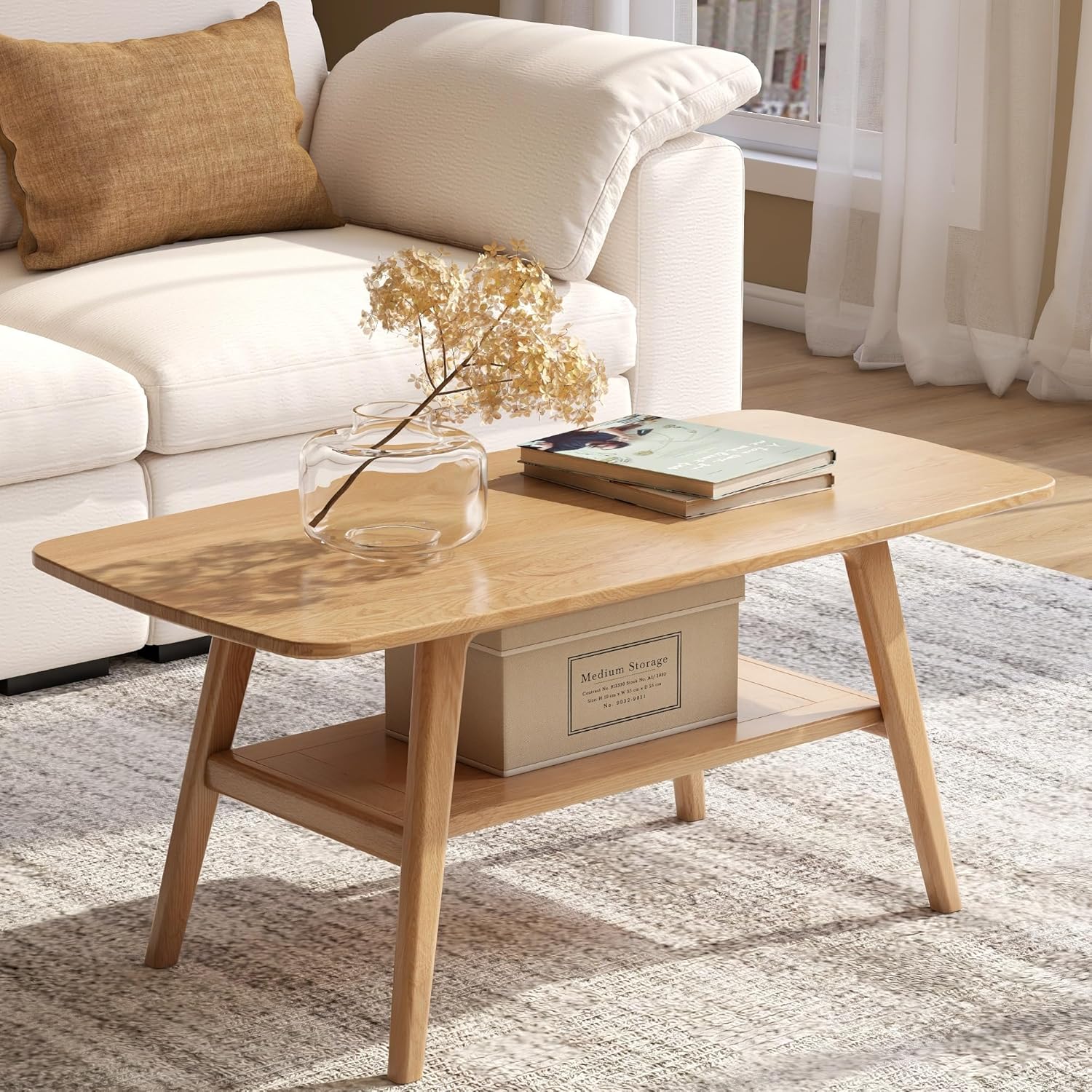 Wayshome Solid Oak Coffee Table 2-Tier Storage