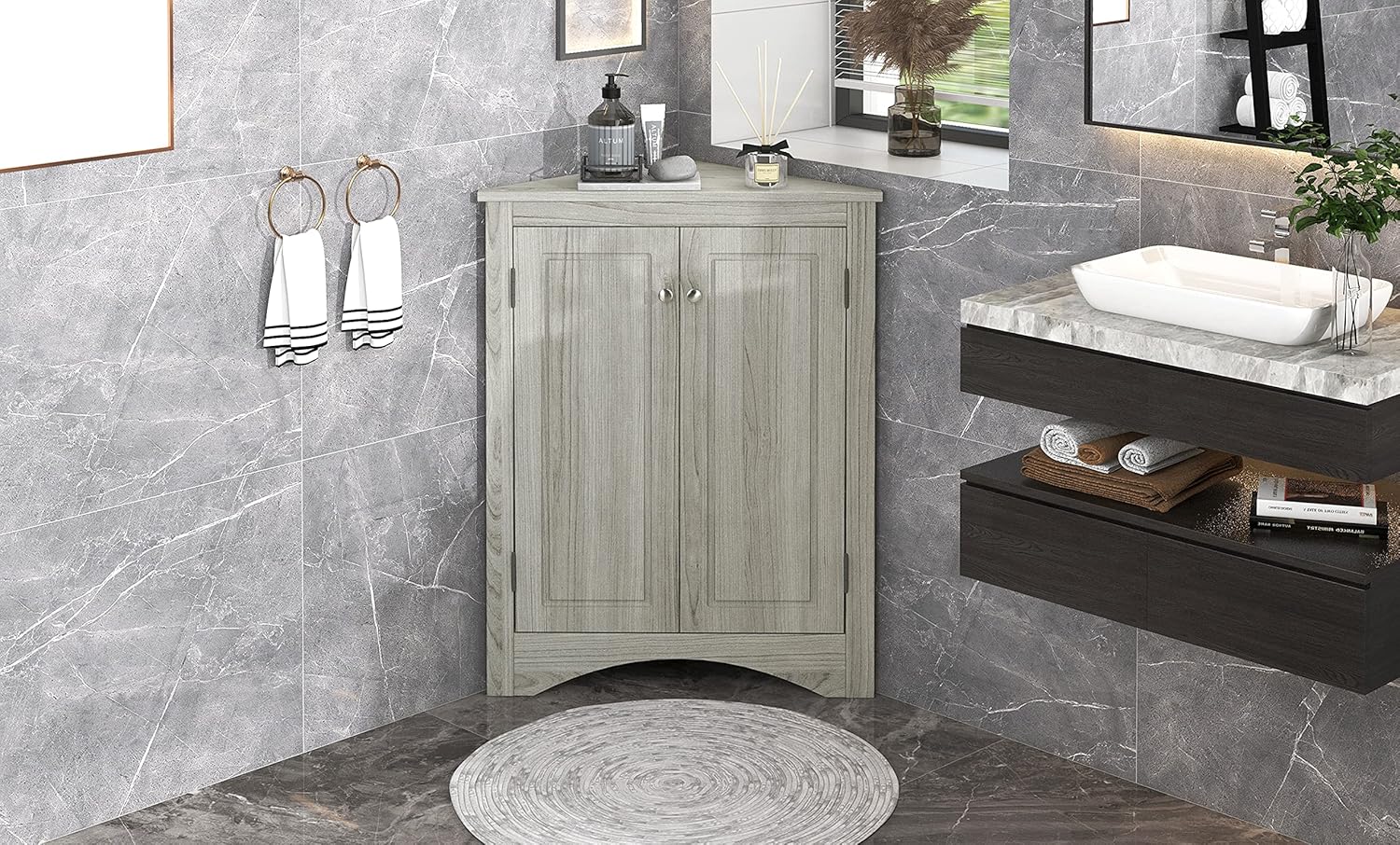 Harper Bright Oak Triangle Storage Cabinet with Adjustable Shelves