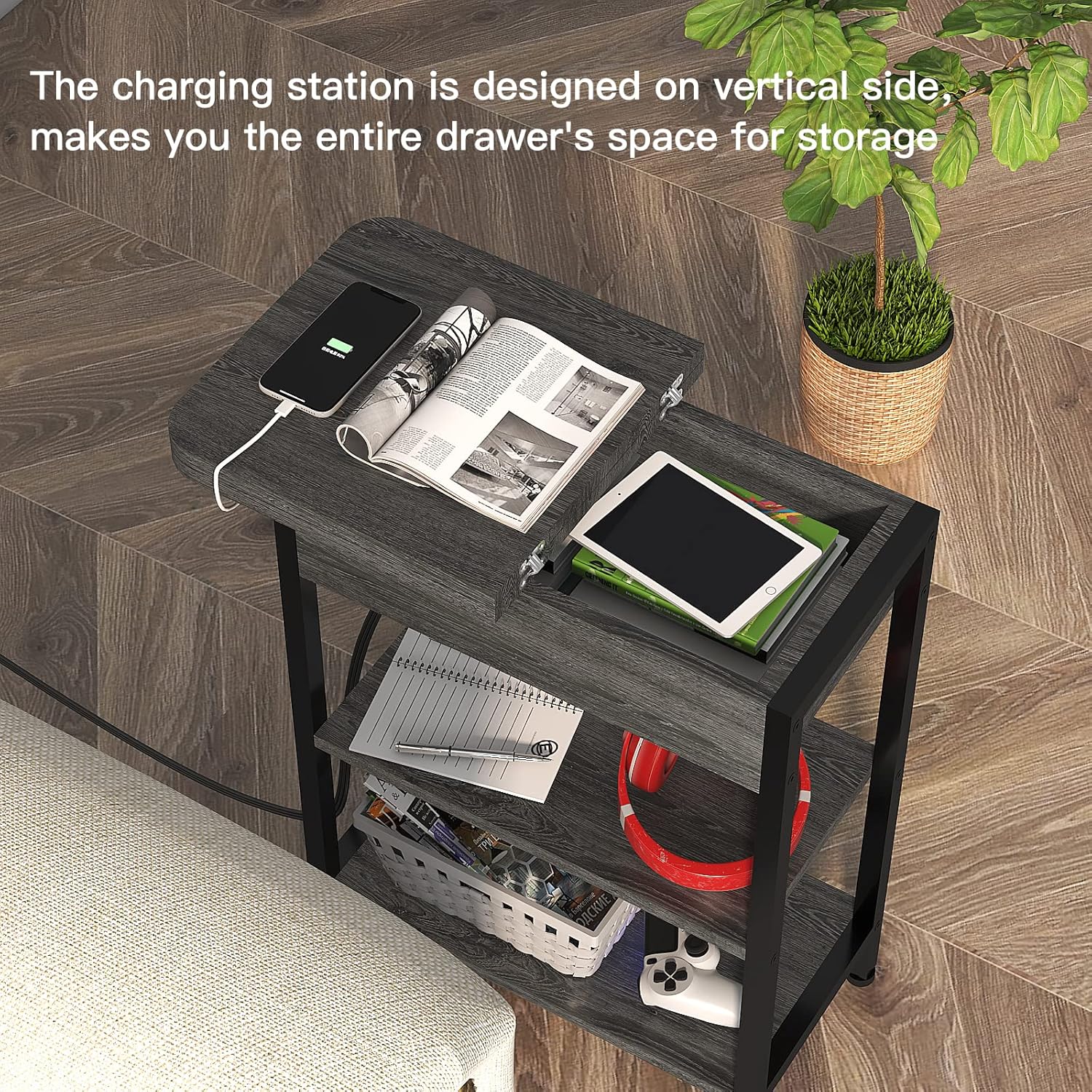 LIDYUK End Table with Charging Station USB Ports and Outlets Flip Top Side Table for Small Spaces Dark Grey