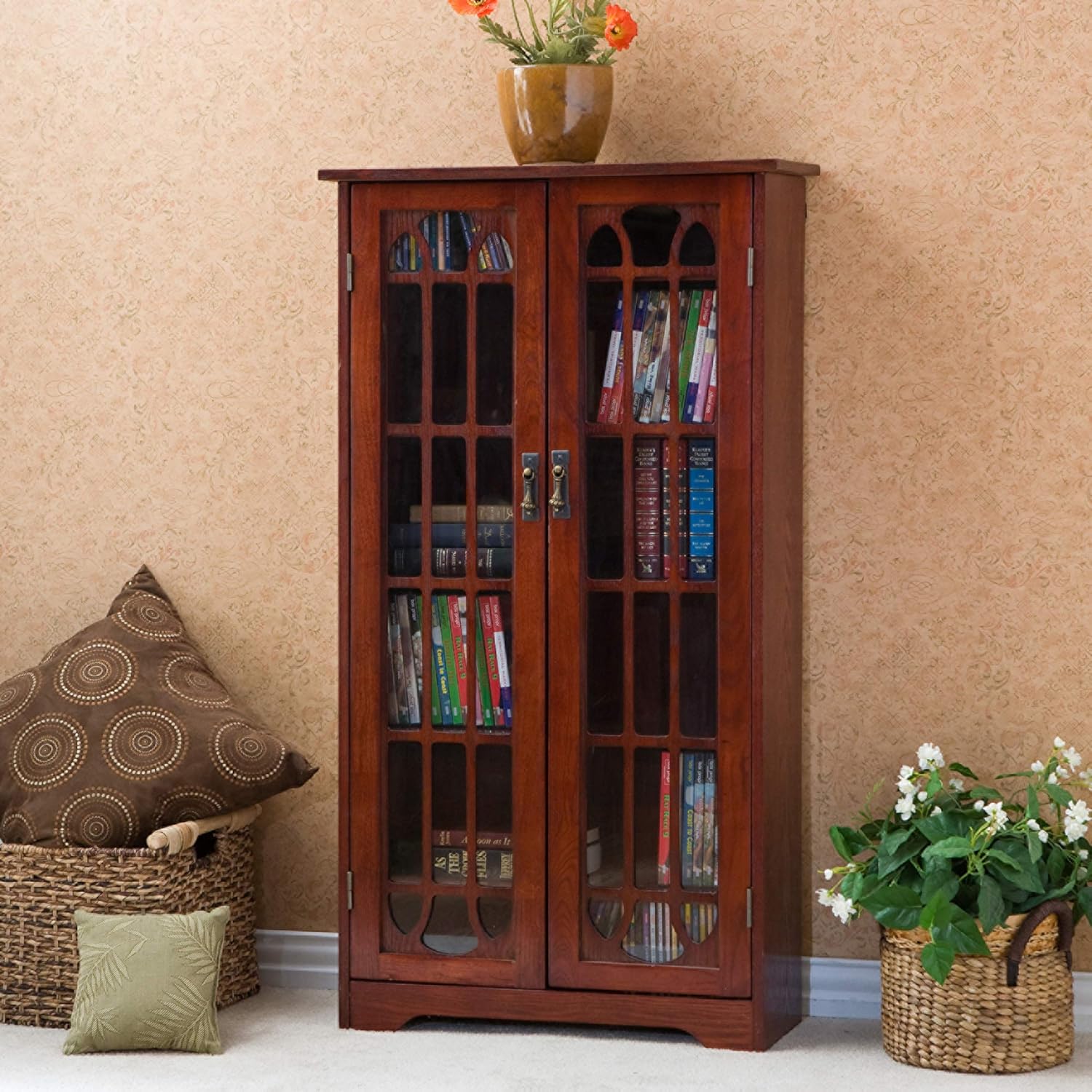 SEI Furniture Window Pane Storage Display Cabinet Cherry