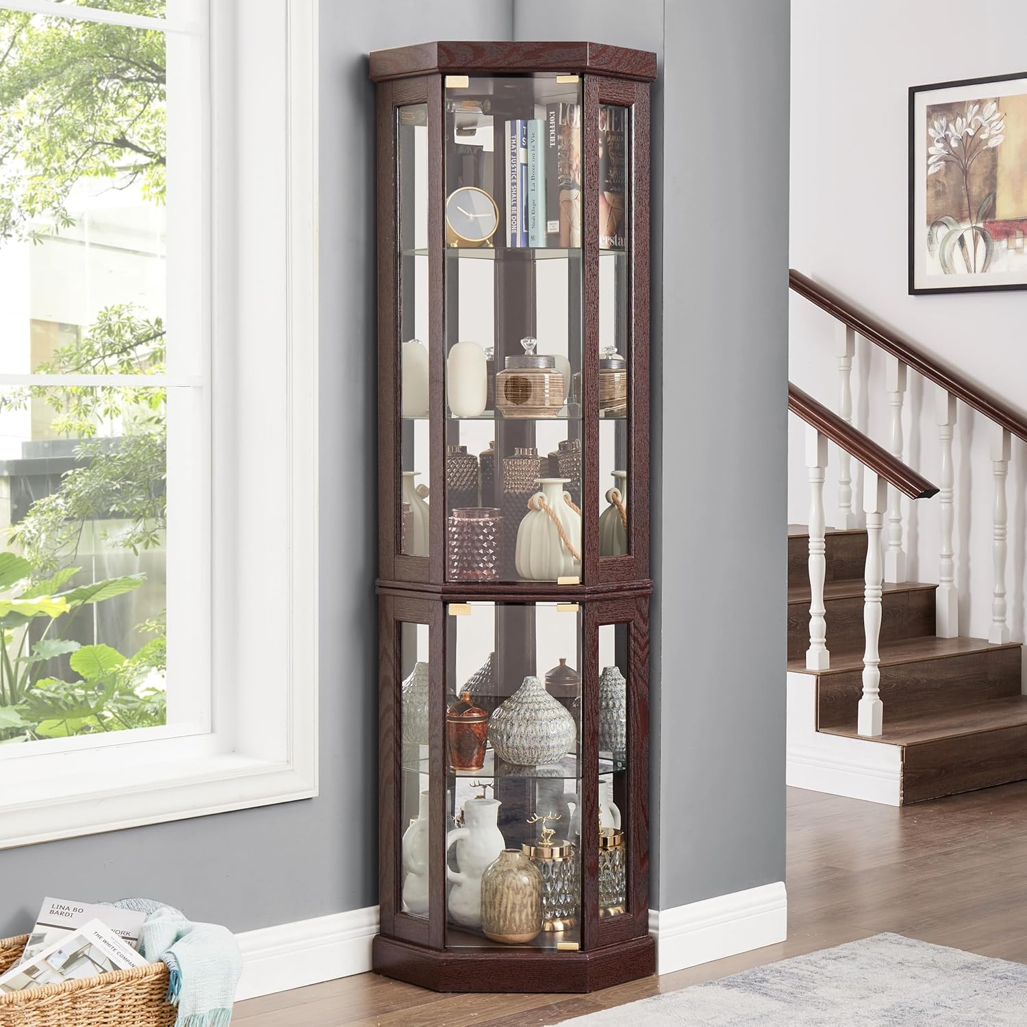 Ball Cast Lighted Corner Curio Cabinet with Glass Doors