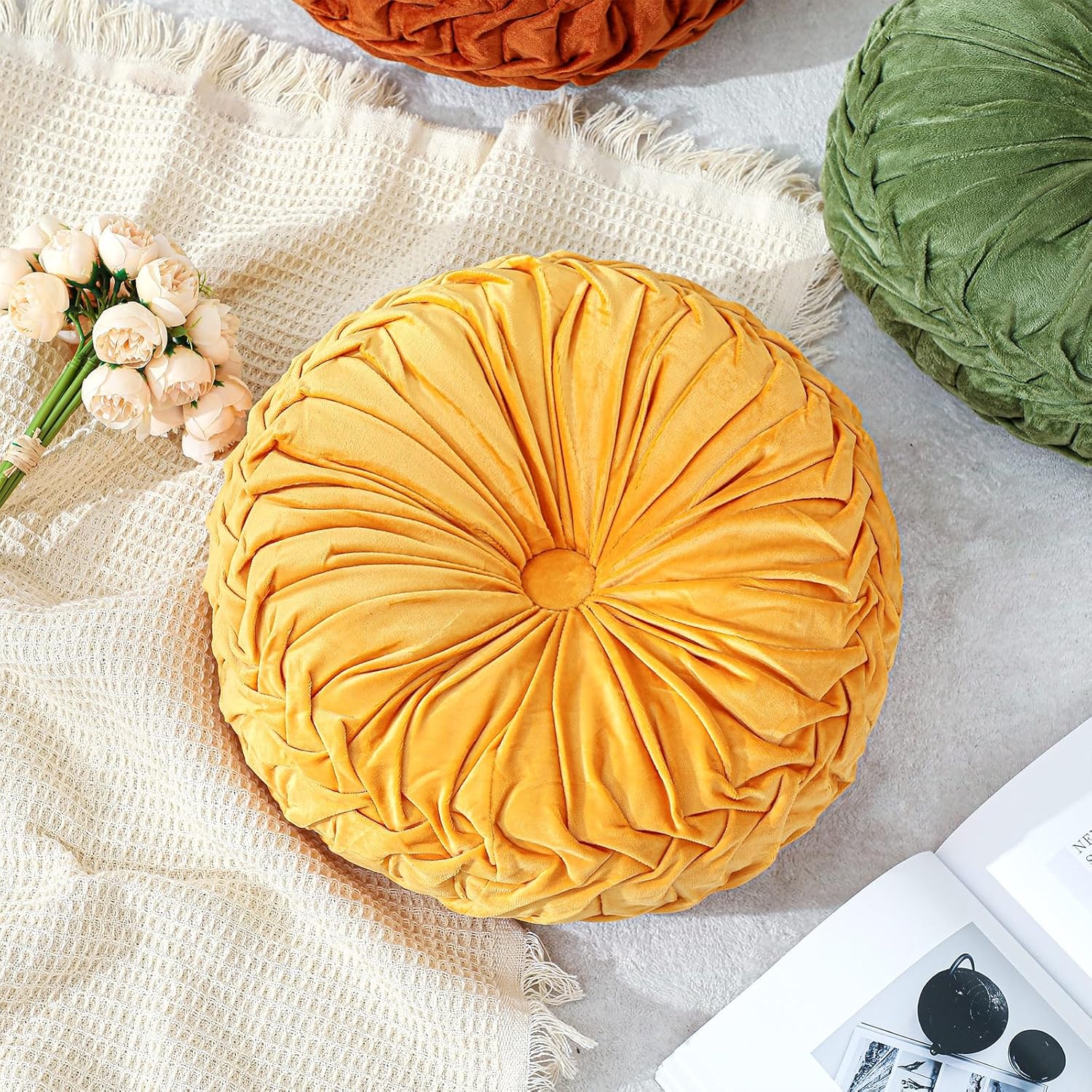 Yellow Velvet Round Throw Pillow 15 Inch Decorative