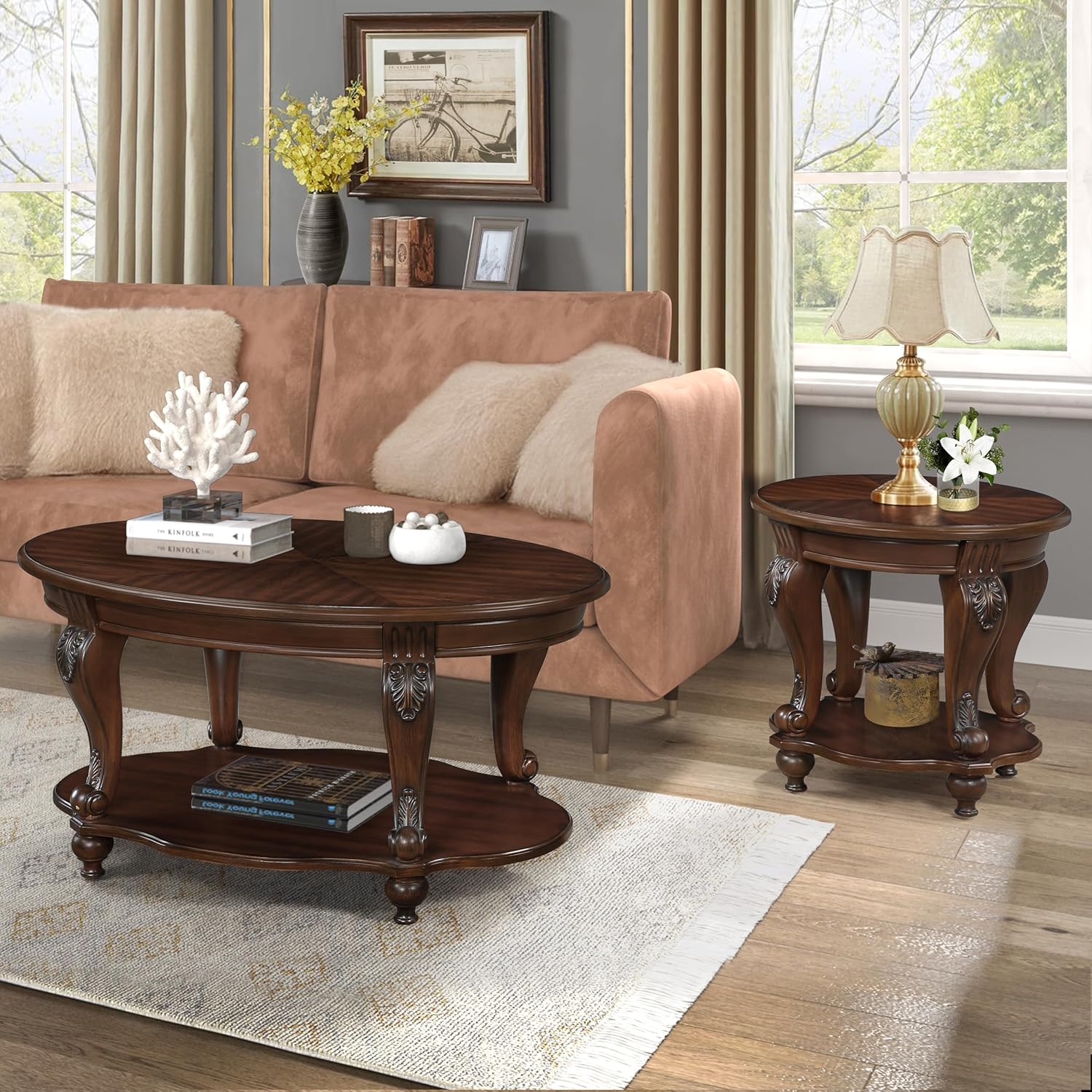 22 Round Wood End Table with 2-Tier Storage