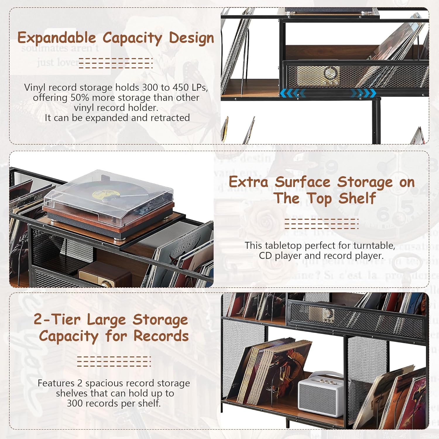 Large Record Player Stand with Vinyl Storage Cabinet