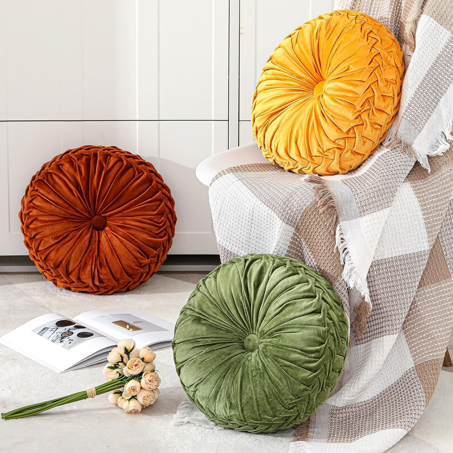 Yellow Velvet Round Throw Pillow 15 Inch Decorative