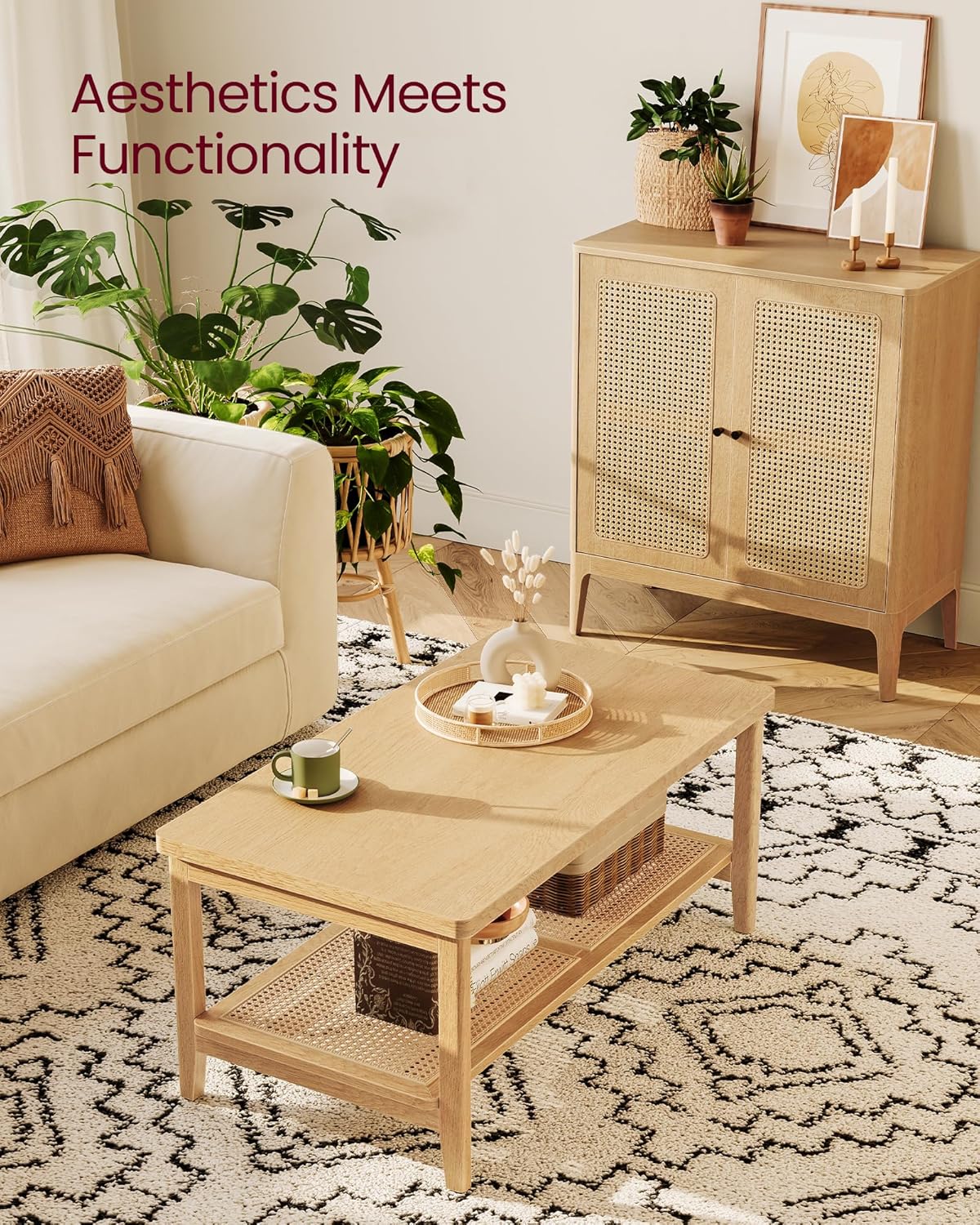 VASAGLE 2-Tier Coffee Table with PVC Rattan Storage Shelf