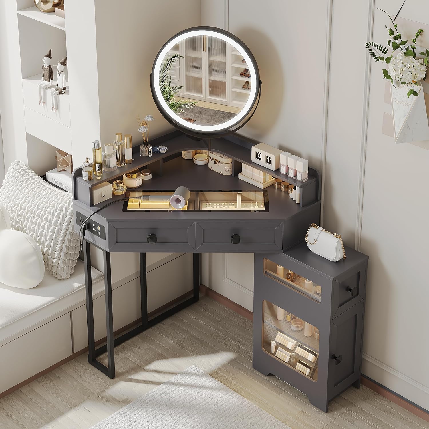 Modern Corner Vanity Desk with Mirror Lights and Storage