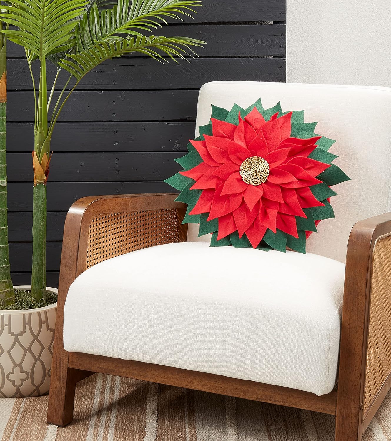 Saro Lifestye Felt Poinsettia Throw Pillow with Poly Filling