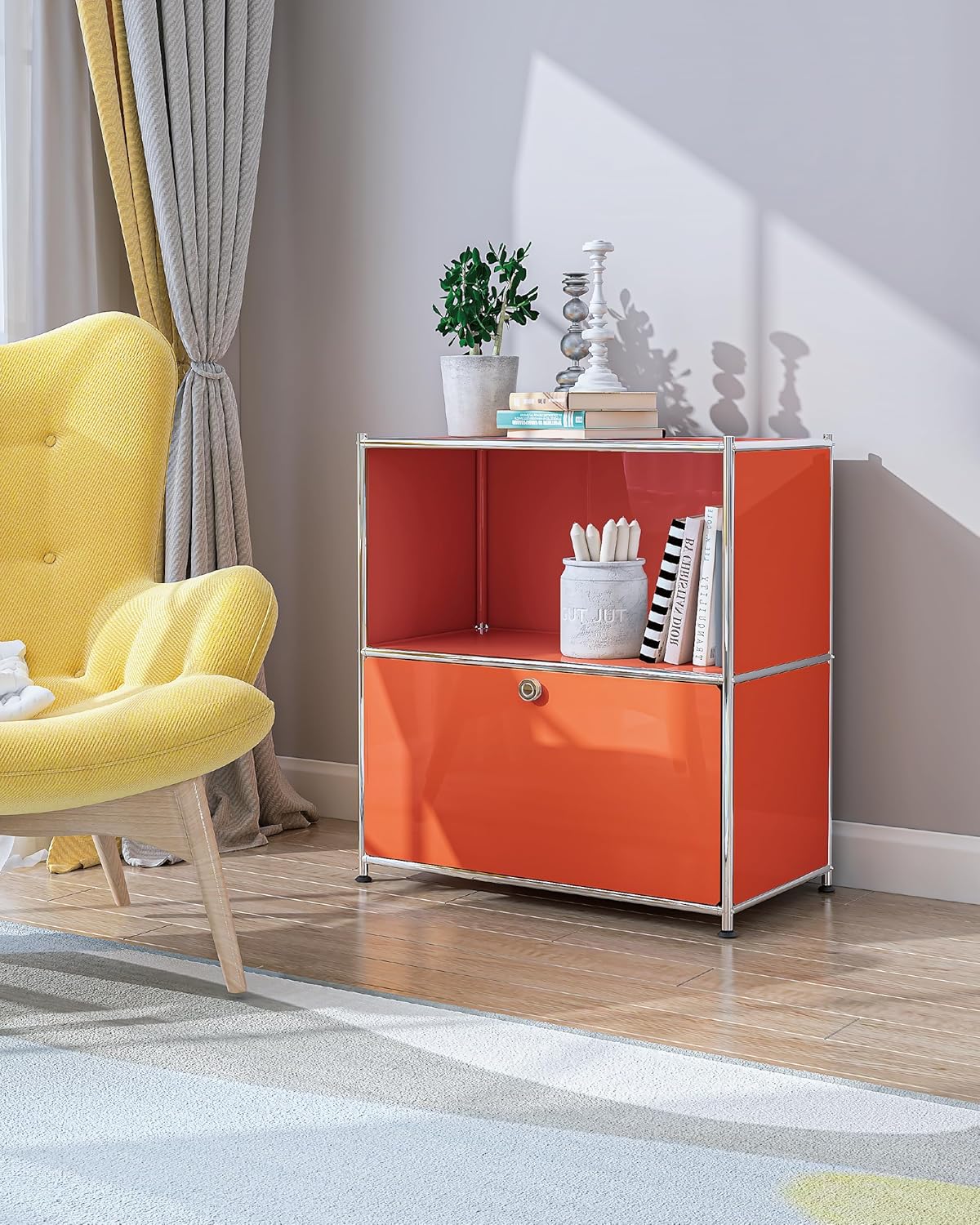 325 Inch Flip Top Side Table with Detachable Wheels and Storage - Modern Orange Bedroom Furniture