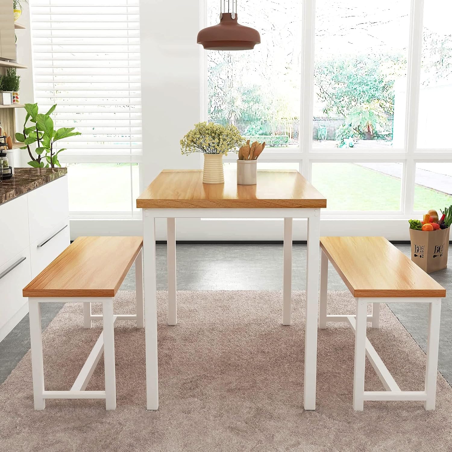 AWQM Dining Table Set with 2 Benches 472x287x287 Inches Beige