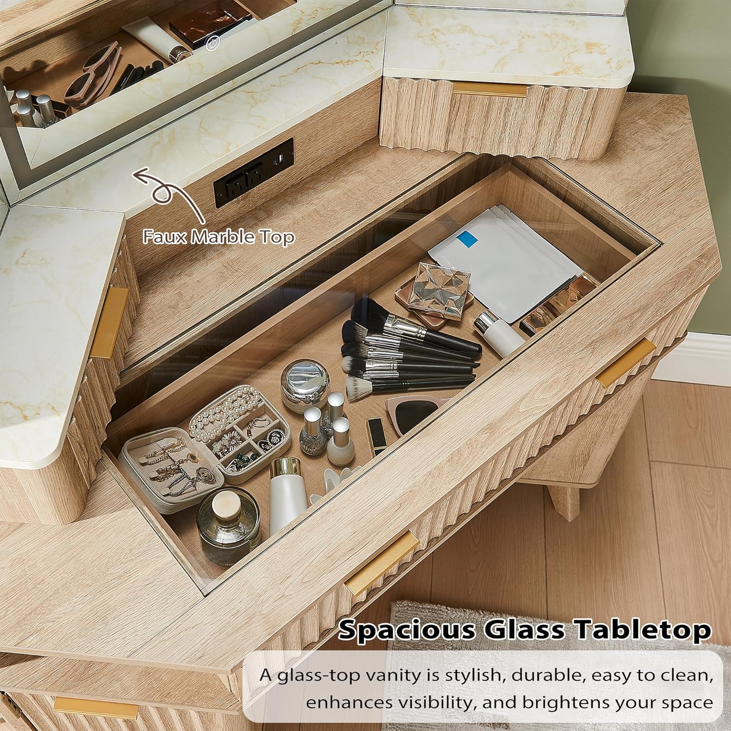 T4TREAM Fluted Makeup Vanity Desk with 3 Way Mirror and LED Lights 48 Inch Corner Table