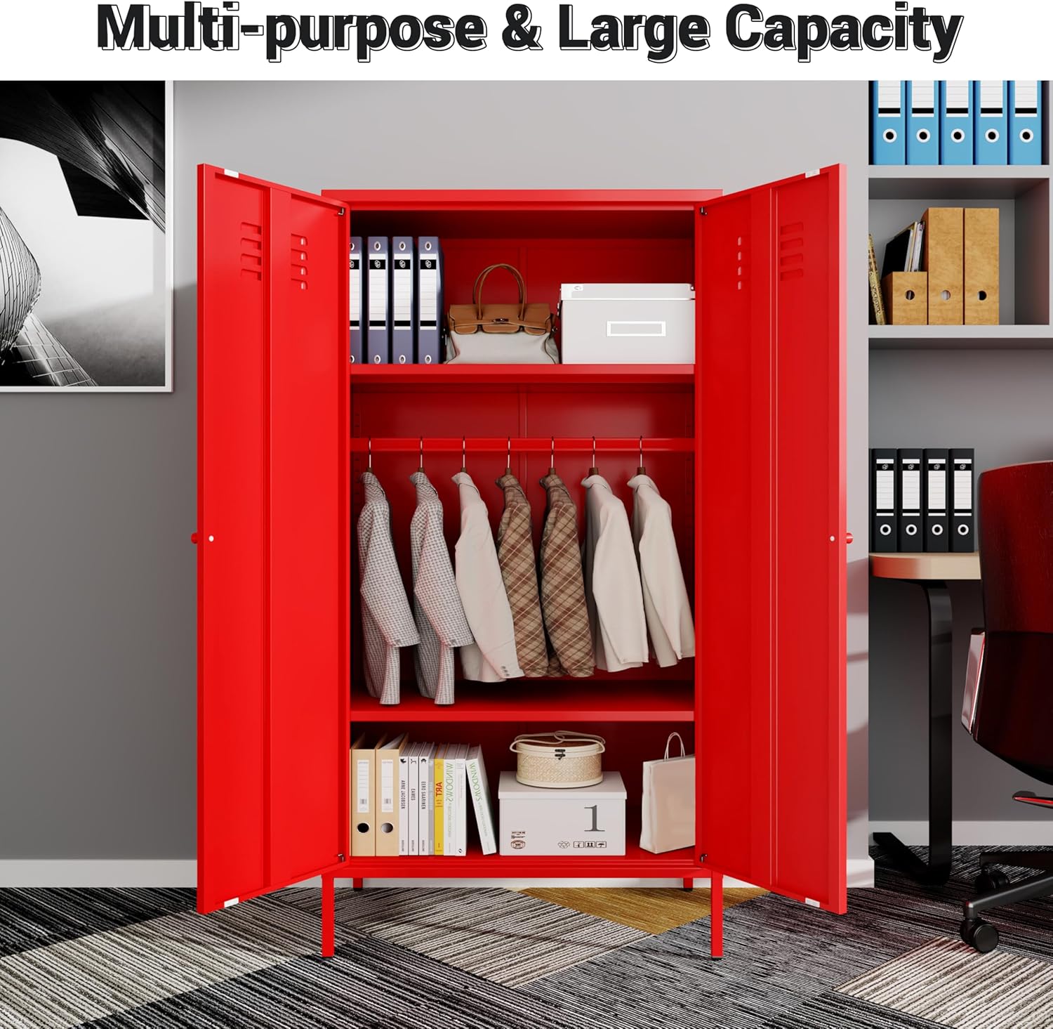 Fumedo Metal Wardrobe Cabinet with Adjustable Shelves and Hanging Rods 2 Door Red