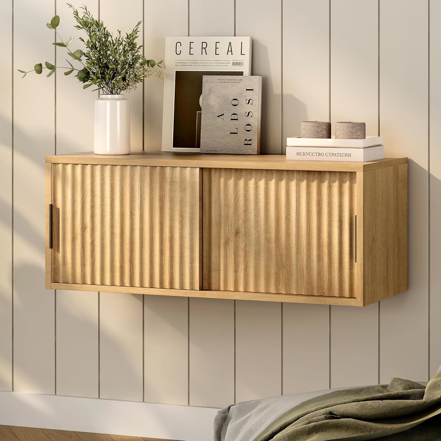 Fluted Wall Cabinet with Sliding Doors Natural Oak