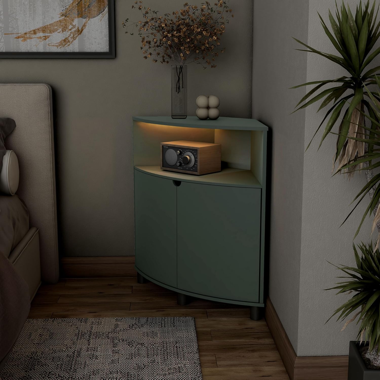 Berg Modern 31-inch LED Corner Cabinet with 2 Shelves 16 Colors USB Charge Cord Sage Green